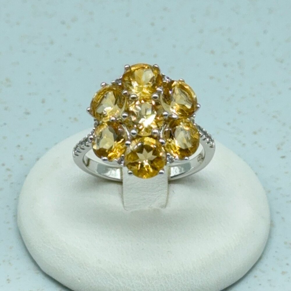 Citrine Cluster Flower Sterling Silver Ring 4.61ct Prong Set White Zircon Accent - Picture 6 of 10